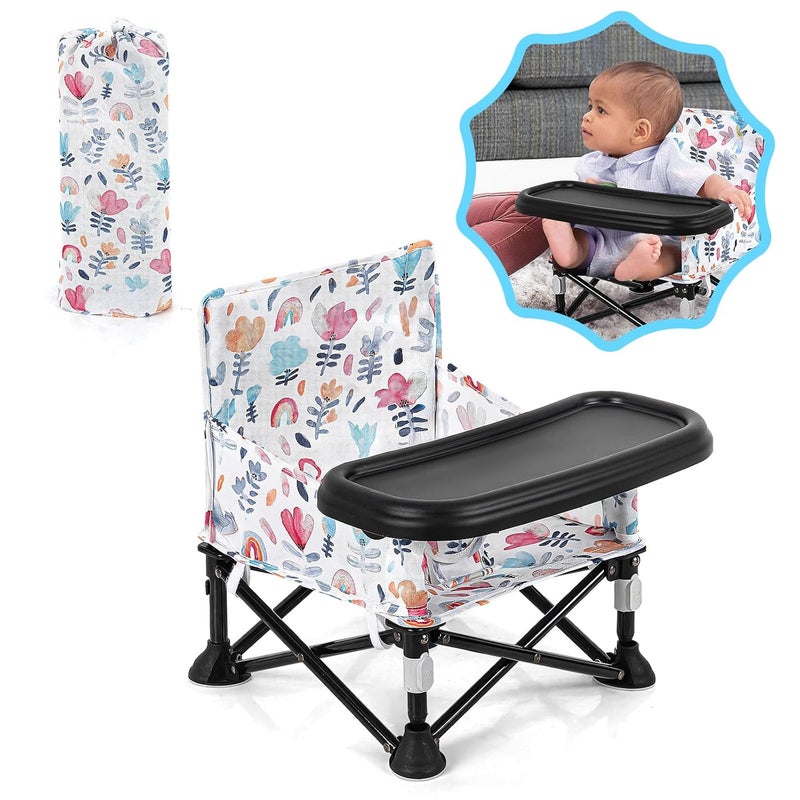 AskCat Toddler Booster Seat for Dining Table & Kitchen Chair - Portable Foldable with Removable Tray, Baby Camping Chair 6-36 Months Indoor Outdoor (Green Stripe) - Image 1